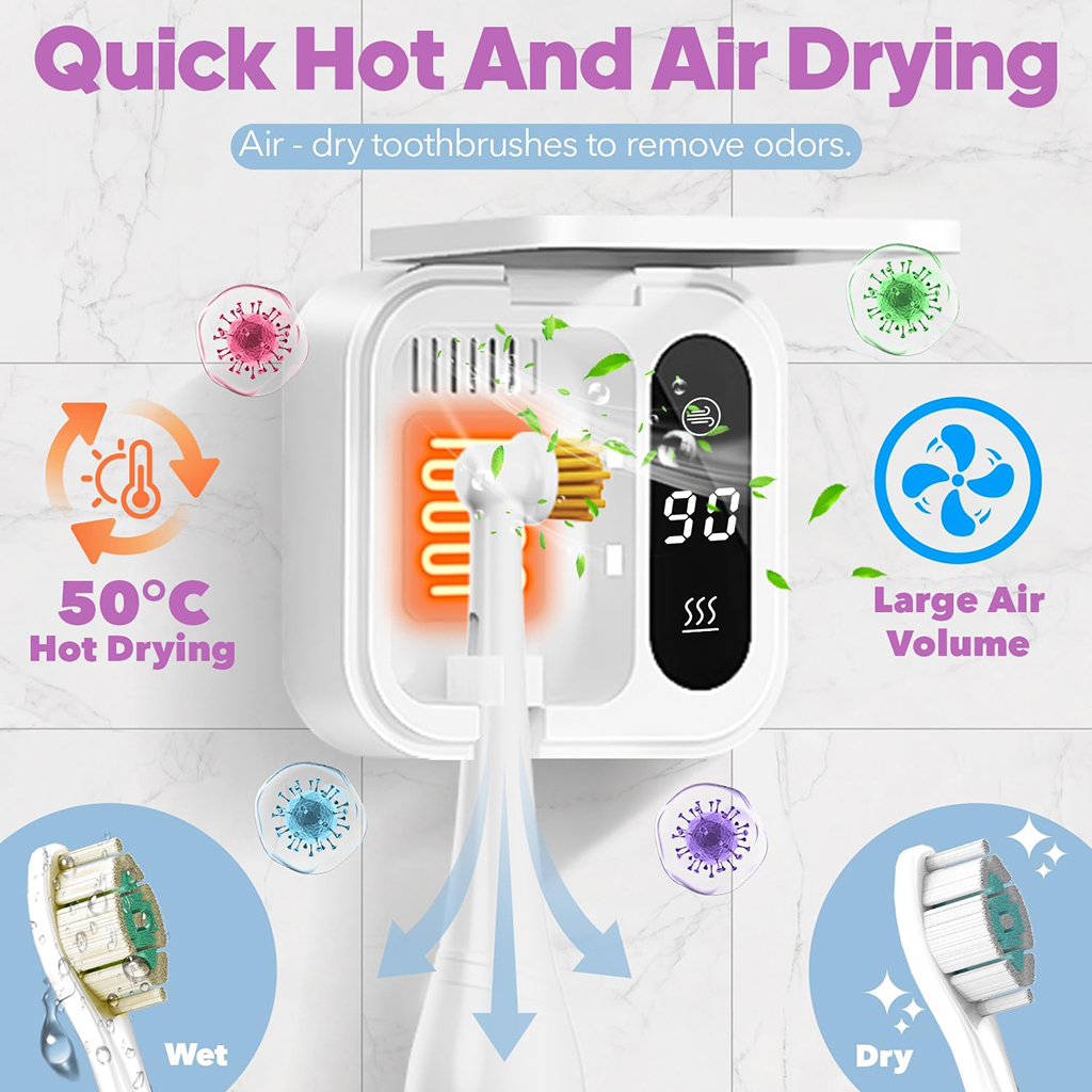Toothbrush Sanitizer Case and Holders, Wall Mounted Toothbrush Holder with LED Screen, Rechargeable Travel Toothbrush Cleaner Case with Light Air Dry, Tooth Brush Covers for Bathrooms (White)