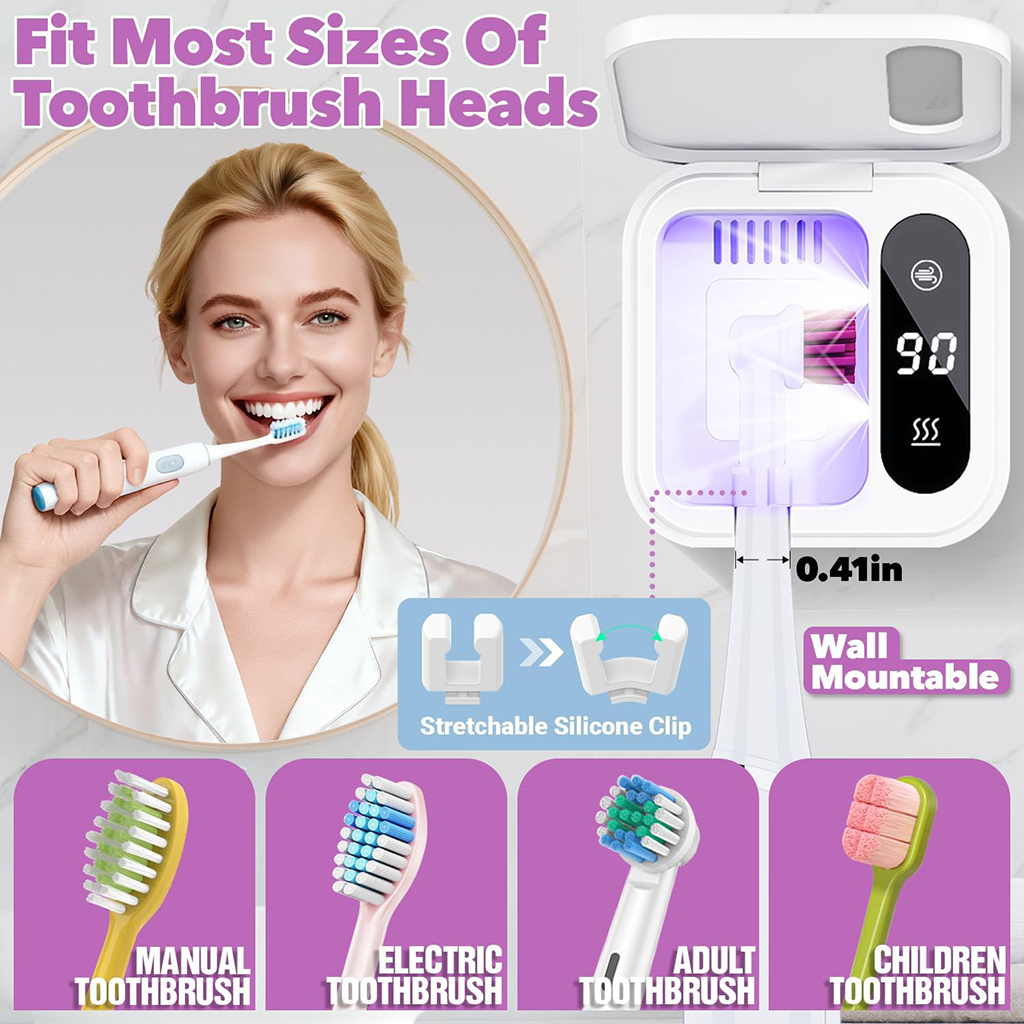 Toothbrush Sanitizer Case and Holders, Wall Mounted Toothbrush Holder with LED Screen, Rechargeable Travel Toothbrush Cleaner Case with Light Air Dry, Tooth Brush Covers for Bathrooms (White)
