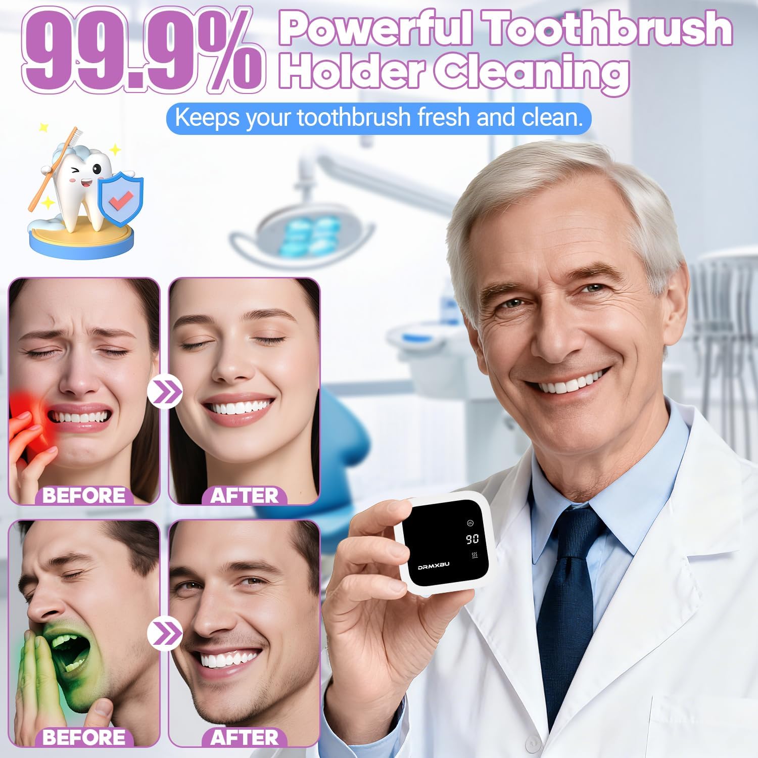 Toothbrush Sanitizer Case and Holders, Wall Mounted Toothbrush Holder with LED Screen, Rechargeable Travel Toothbrush Cleaner Case with Light Air Dry, Tooth Brush Covers for Bathrooms (White)