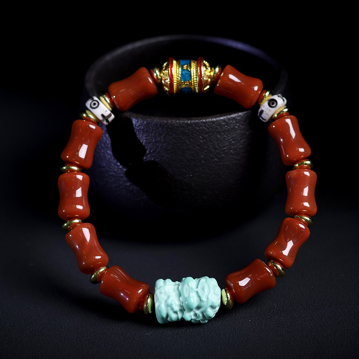 Ethnic-Style Women’s Bracelet: Red Agate Beads + Bodhi + Dzi Spacer | Handcrafted Buddhist Jewelry