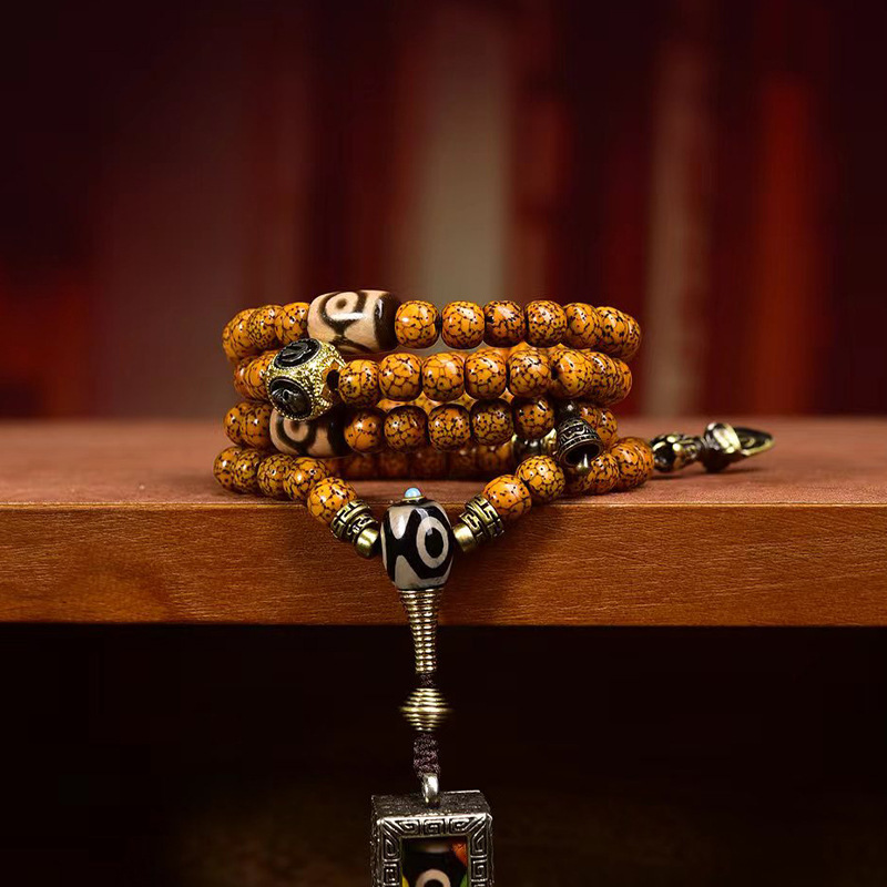 Natural Patina Old Material Xingyue Bodhi Rosary Beads | With Agate Three-Eye Dzi Bead Pendant - Wenwan Jewelry​