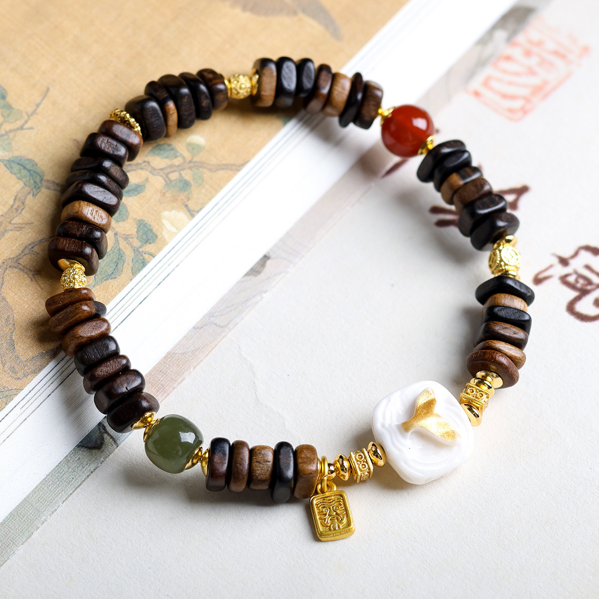 བོད་ཀྱི་རིགས་ Ethnic Tibetan Sandalwood Buddhist Bracelet - Free-Form Design & Amber Spacer Beads | Handicraft Rosary Jewelry-བོད་ཀྱི་རིགས