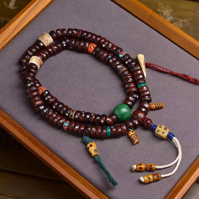 བོད་ཀྱི་རིགས Natural Old Jadeized Eyed Bodhi 108-Bead Rosary | Tibetan-Style Neck Mala with Glass & Repatriated Bone Accents​-བོད་ཀྱི་རིགས