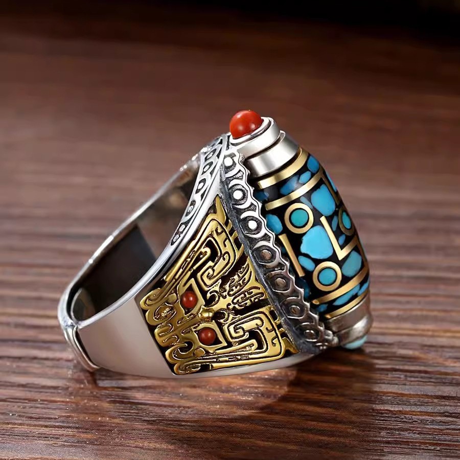 High-End Tibetan Nine-Eye Dzi Ring: Spiritual Ethnic Style Finger Ornament