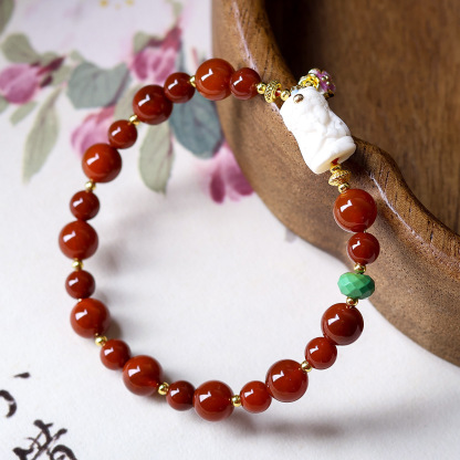 Ethnic-Style Women’s Bracelet: Red Agate Beads + Bodhi + Dzi Spacer | Handcrafted Buddhist Jewelry