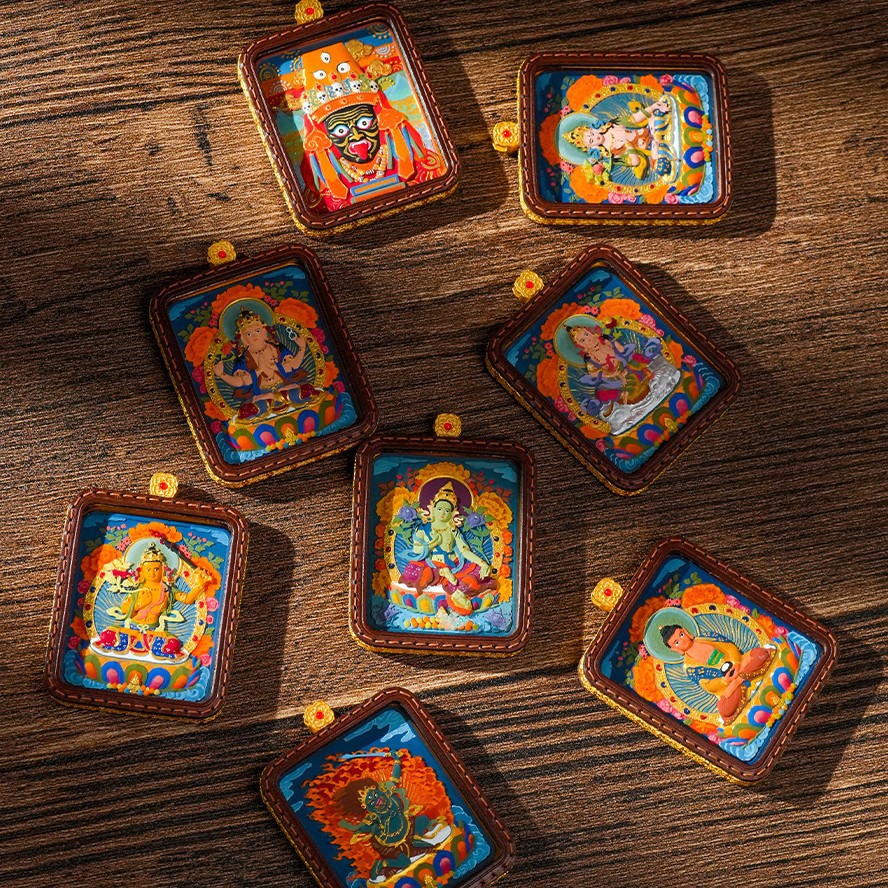 བོད་ཀྱི་རིགས Tibetan Handmade Tsatsa Thangka Pendant | Hand-Painted Zhajilamu, Yellow Wealth & Medicine Buddha Amulet-བོད་ཀྱི་རིགས