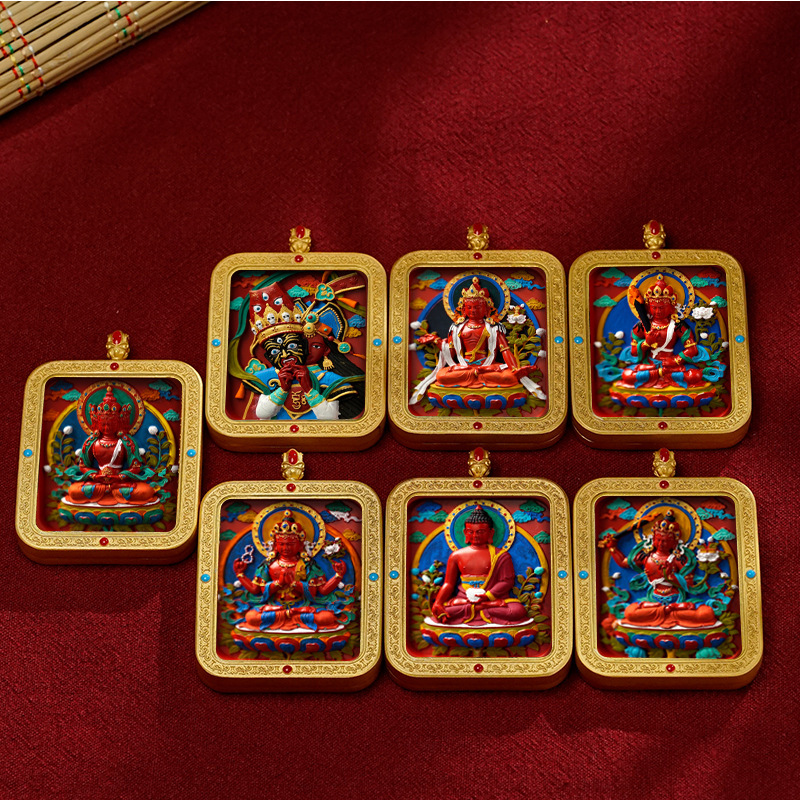 བོད་ཀྱི་རིགས Cinnabar Tibetan Hand-Painted Tsatsa Thangka Pendant | Wealth God, Yellow Wealth Deity & Zhajilamu Wenwan Accessory-བོད་ཀྱི་རིགས