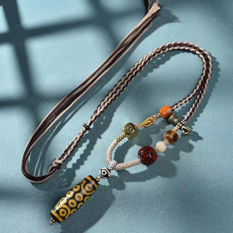 བོད་ཀྱི་རིགས་ Handwoven Necklace Cord with Agate & Dzi Bead Pendant | Tibetan-Style Bone & Copper Clasp - Unisex Sweater Chain-བོད་ཀྱི་རིགས
