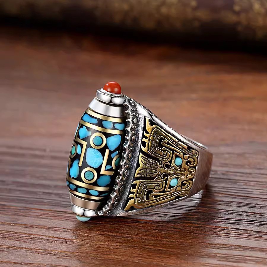 High-End Tibetan Nine-Eye Dzi Ring: Spiritual Ethnic Style Finger Ornament