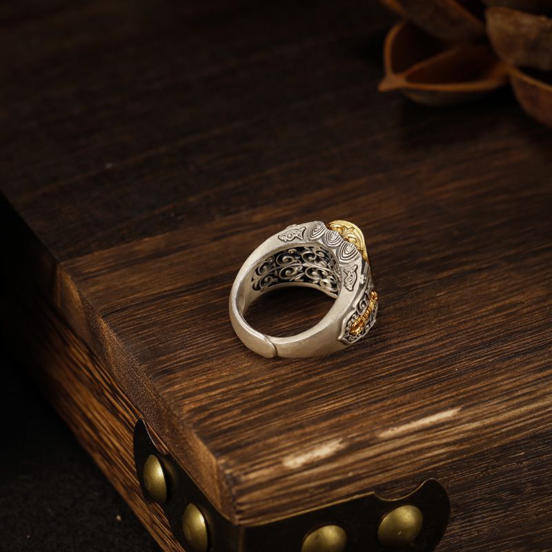 Tibetan Dzi Bead Ring: Inlaid Artificial Single-Eye Dzi, Ethnic Style Finger Jewelry