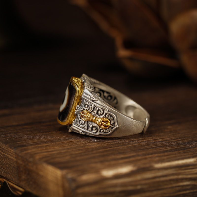 Tibetan Dzi Bead Ring: Inlaid Artificial Single-Eye Dzi, Ethnic Style Finger Jewelry