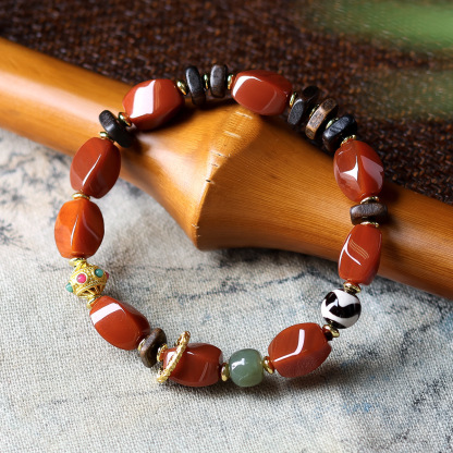 Ethnic-Style Women’s Bracelet: Red Agate Beads + Bodhi + Dzi Spacer | Handcrafted Buddhist Jewelry