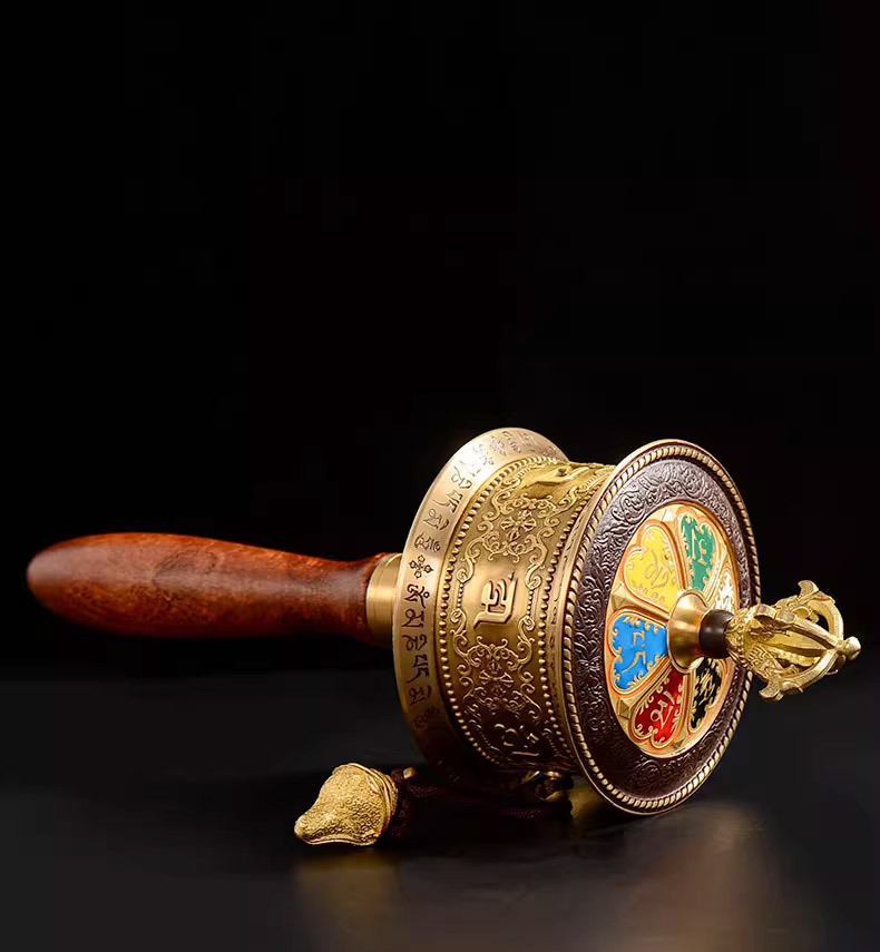 Tibetan Hand-Cranked Prayer Wheel: 50,000 Six-Syllable Mantras, Brass Painted, Home Decor Craft
