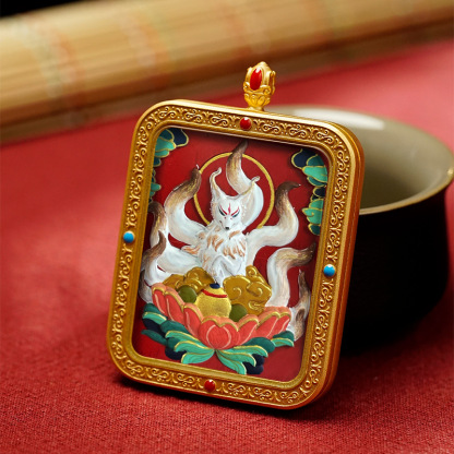 བོད་ཀྱི་རིགས Cinnabar Tibetan Hand-Painted Tsatsa Thangka Pendant | Wealth God, Yellow Wealth Deity & Zhajilamu Wenwan Accessory-བོད་ཀྱི་རིགས
