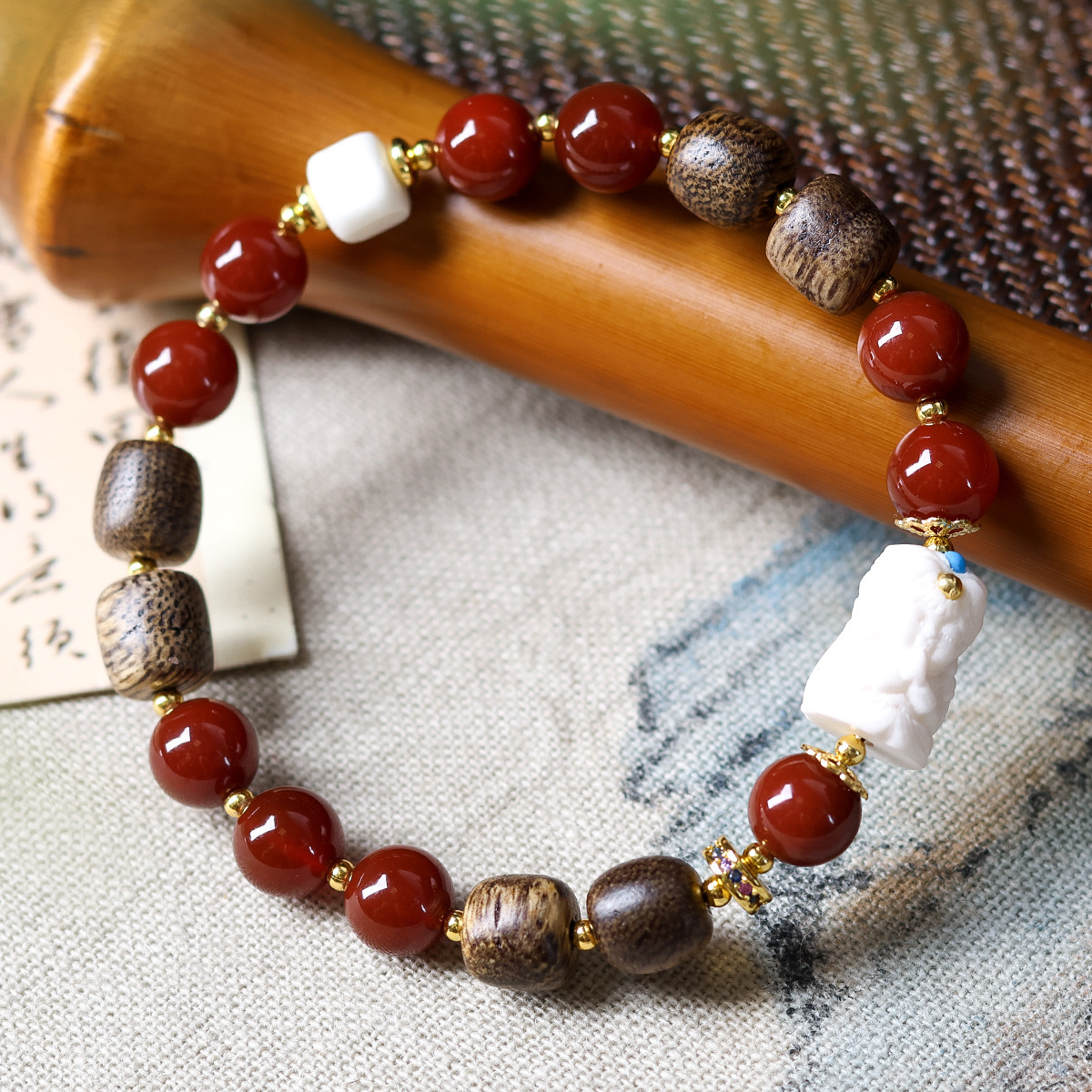 བོད་ཀྱི་རིགས་ Ethnic Tibetan Sandalwood Buddhist Bracelet - Free-Form Design & Amber Spacer Beads | Handicraft Rosary Jewelry-བོད་ཀྱི་རིགས