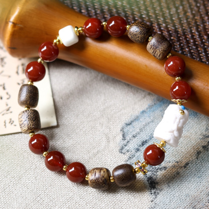བོད་ཀྱི་རིགས་ Ethnic Tibetan Sandalwood Buddhist Bracelet - Free-Form Design & Amber Spacer Beads | Handicraft Rosary Jewelry-བོད་ཀྱི་རིགས