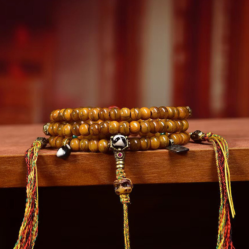 Tibetan Repatriated Bone 108-Bead Rosary | Multi-Circle Bracelet with Yak Bone & Agate Dzi Accents
