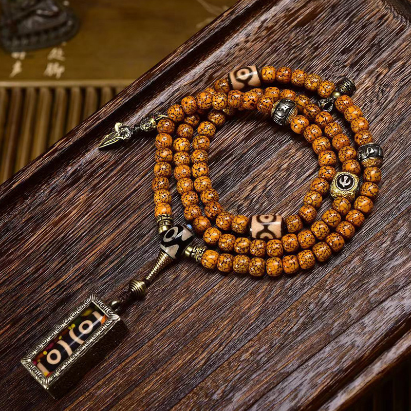 བོད་ཀྱི་རིགས Natural Patina Old Material Xingyue Bodhi Rosary Beads | With Agate Three-Eye Dzi Bead Pendant - Wenwan Jewelry​-བོད་ཀྱི་རིགས