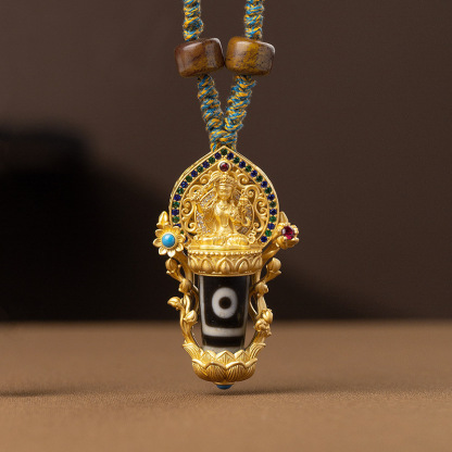 བོད་ཀྱི་རིགས Authentic Tibetan Nine-Eyed Dzi Bead Pendant | Six-Syllable Mantra Lucky Beads – Handcrafted Spiritual Piece-བོད་ཀྱི་རིགས