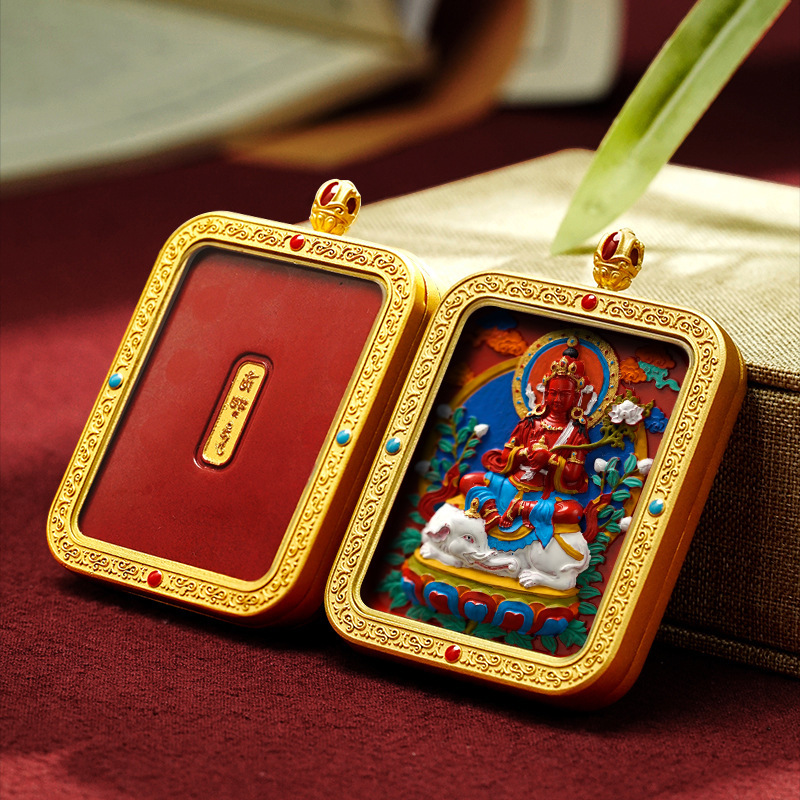 བོད་ཀྱི་རིགས Cinnabar Tibetan Hand-Painted Tsatsa Thangka Pendant | Wealth God, Yellow Wealth Deity & Zhajilamu Wenwan Accessory-བོད་ཀྱི་རིགས