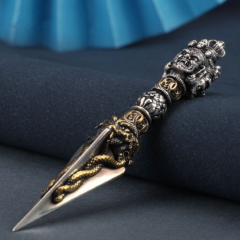 Tibetan Sacred Dharma Implements: Pure Silver Vajra & Phurba, Exorcism Ritual Tools