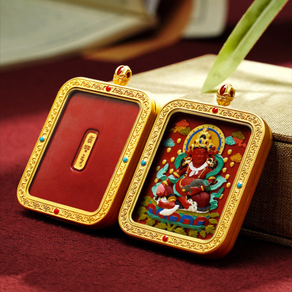 བོད་ཀྱི་རིགས Cinnabar Tibetan Hand-Painted Tsatsa Thangka Pendant | Wealth God, Yellow Wealth Deity & Zhajilamu Wenwan Accessory-བོད་ཀྱི་རིགས
