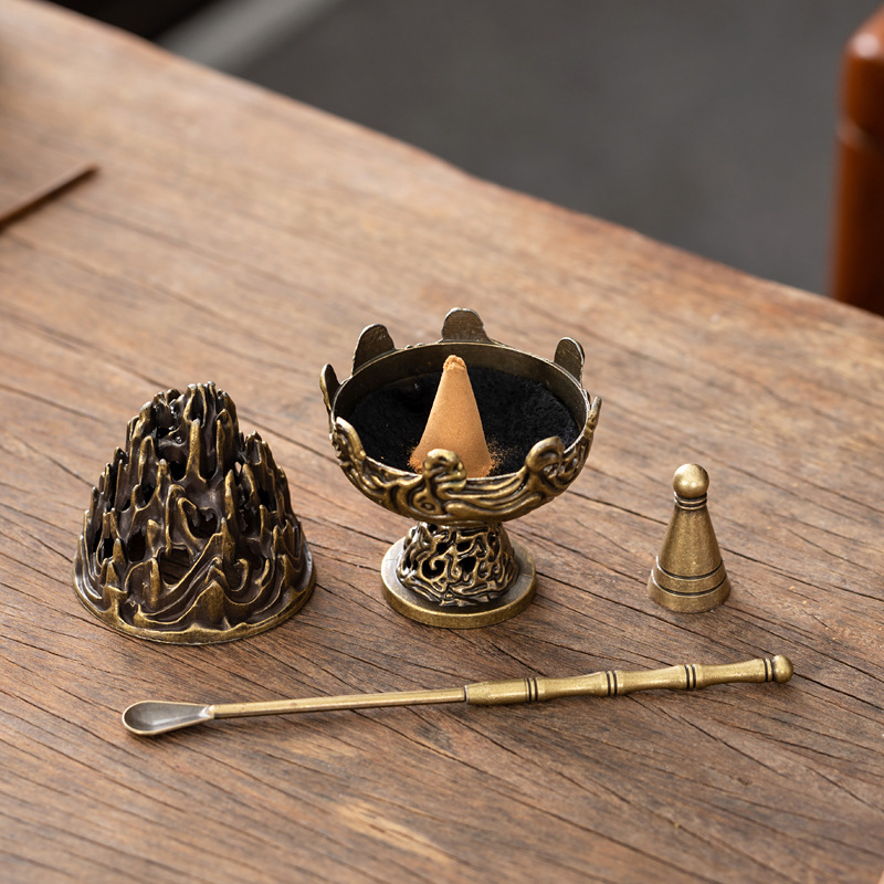Retro Boshan Style Incense Set: 3-Piece Bundle with Tower Incense Burner, Seal, Mold & Spoon