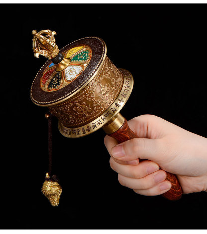 Tibetan Hand-Cranked Prayer Wheel: 50,000 Six-Syllable Mantras, Brass Painted, Home Decor Craft