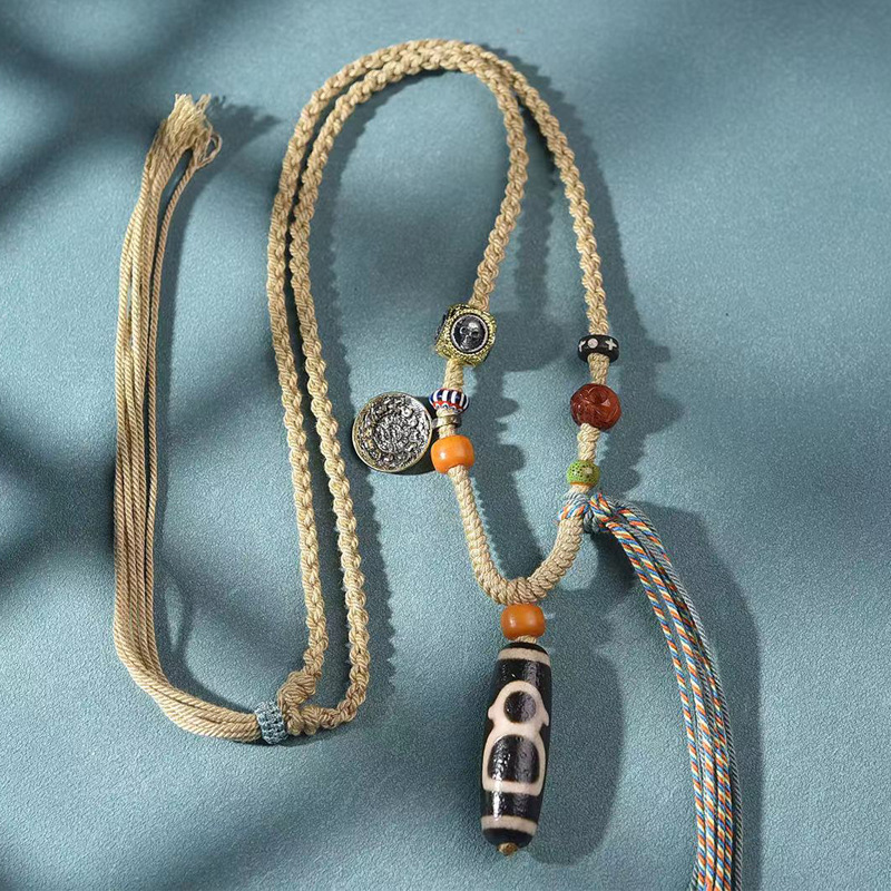 བོད་ཀྱི་རིགས་ Handwoven Necklace Cord with Agate & Dzi Bead Pendant | Tibetan-Style Bone & Copper Clasp - Unisex Sweater Chain-བོད་ཀྱི་རིགས