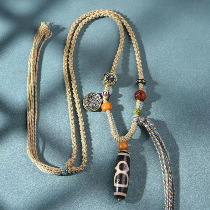 བོད་ཀྱི་རིགས་ Handwoven Necklace Cord with Agate & Dzi Bead Pendant | Tibetan-Style Bone & Copper Clasp - Unisex Sweater Chain-བོད་ཀྱི་རིགས