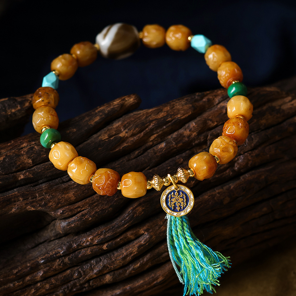 བོད་ཀྱི་རིགས་ Tibetan-Style Yak Bone Bracelet | Dzi Bead (Heaven-Earth Two-Eye) Buddhist Rosary Handicraft-བོད་ཀྱི་རིགས