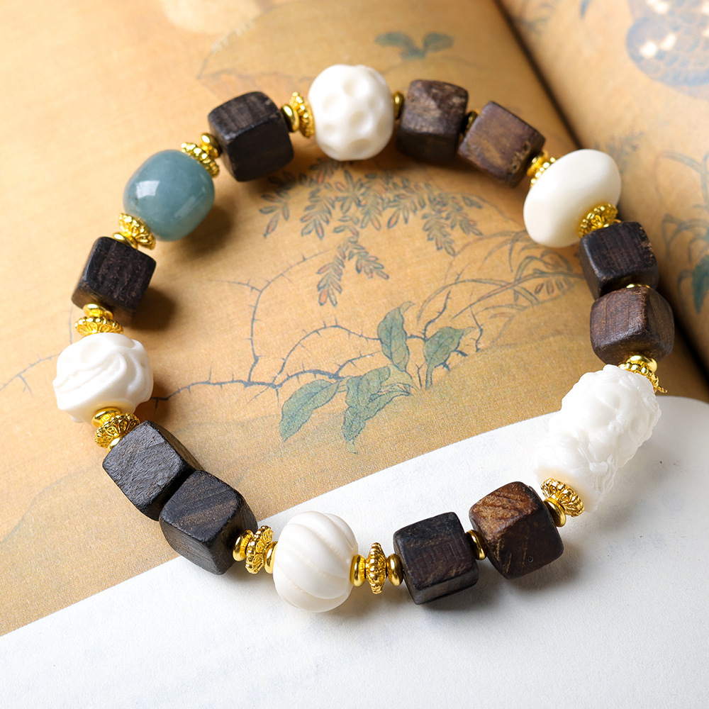 བོད་ཀྱི་རིགས་ Ethnic Tibetan Sandalwood Buddhist Bracelet - Free-Form Design & Amber Spacer Beads | Handicraft Rosary Jewelry-བོད་ཀྱི་རིགས