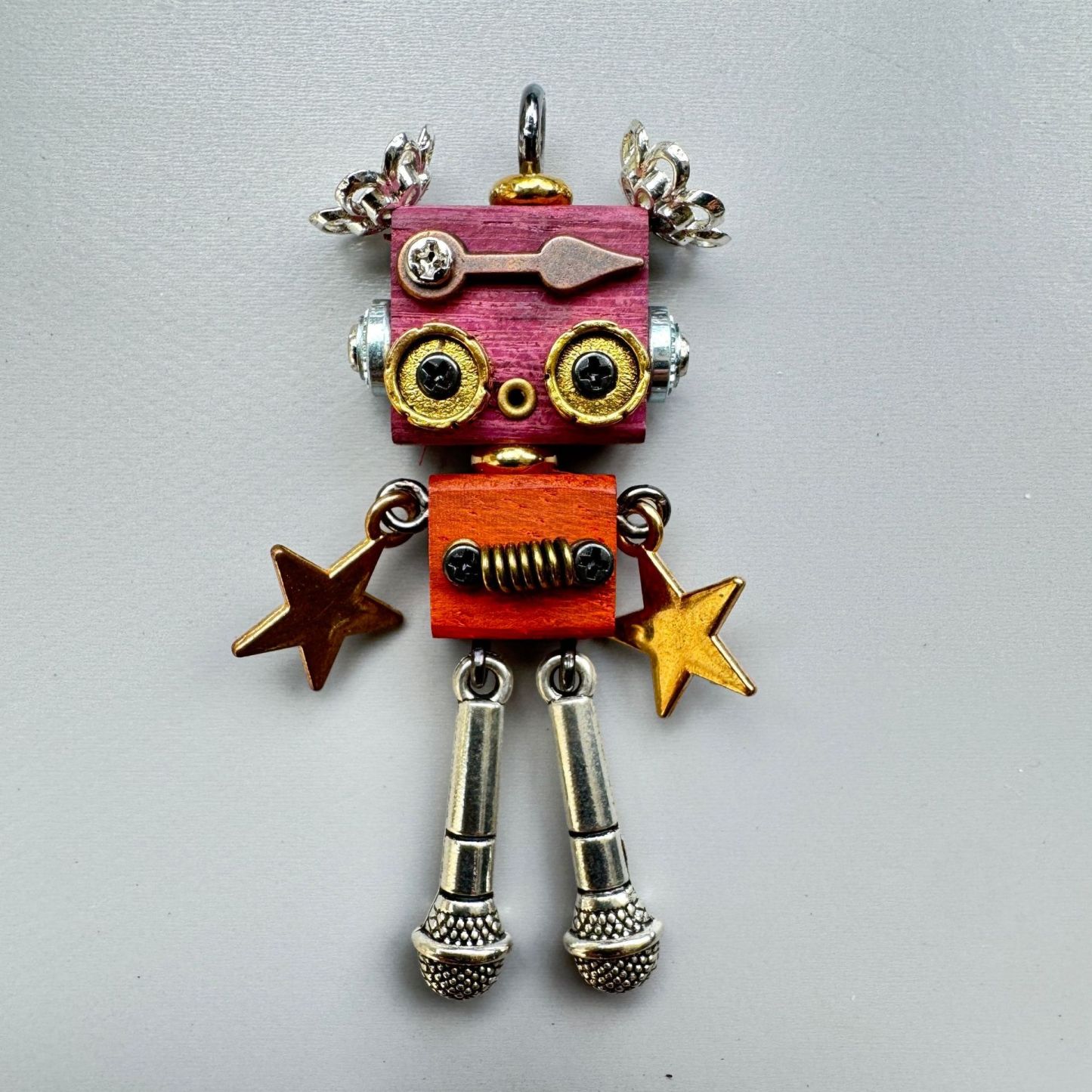 Handmade Mini Wooden Punk Robot Charm - Small Keychain, Phone Strap & Necklace Pendant for Men and Women