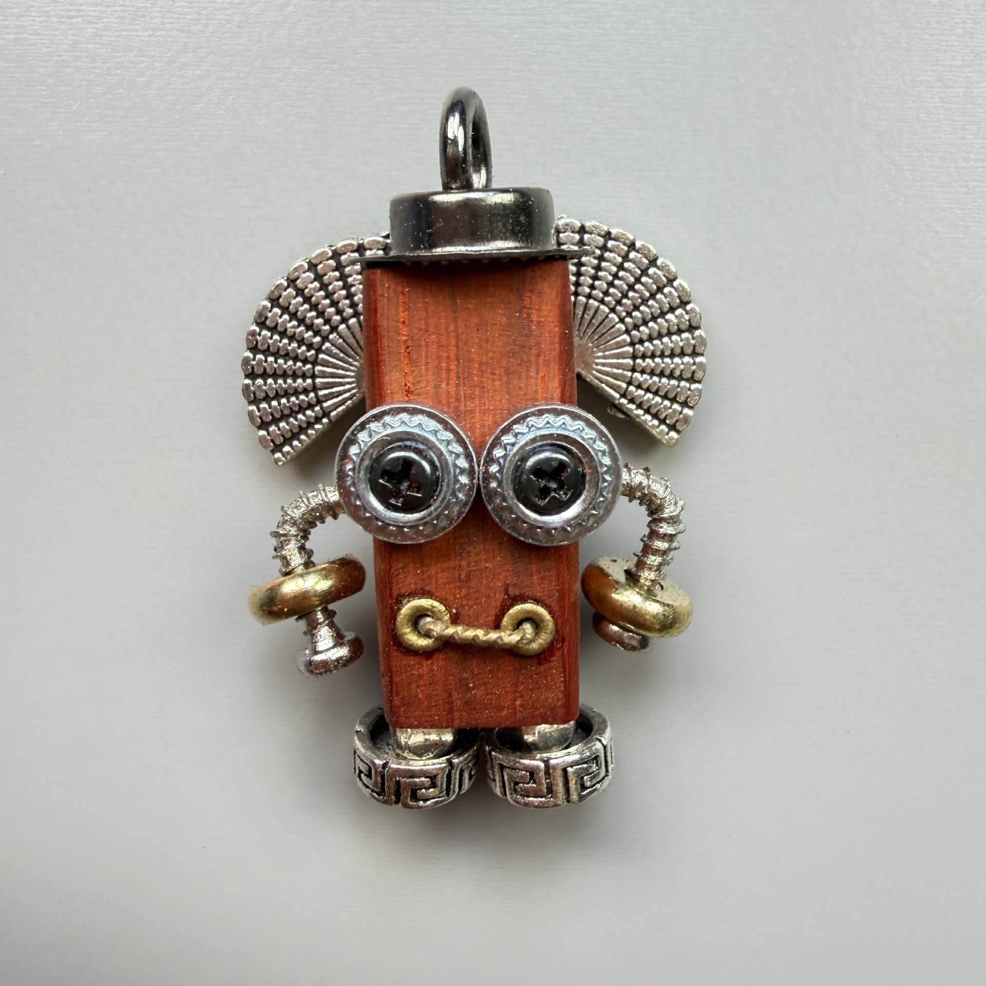 Handmade Punk Robot Pendant - Quirky Wooden Keychain, Phone Charm & Necklace Charm for Men and Women - Steampunk Gothic Geek Accessory
