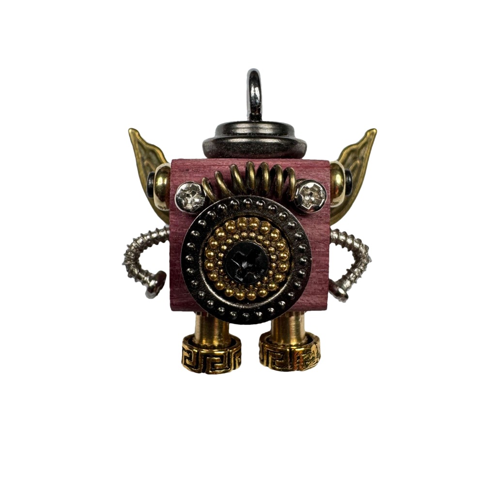Handmade Steampunk Robot Pendant - Redwood Keychain, Phone Charm & Adjustable Unisex Necklace | Unique Gift