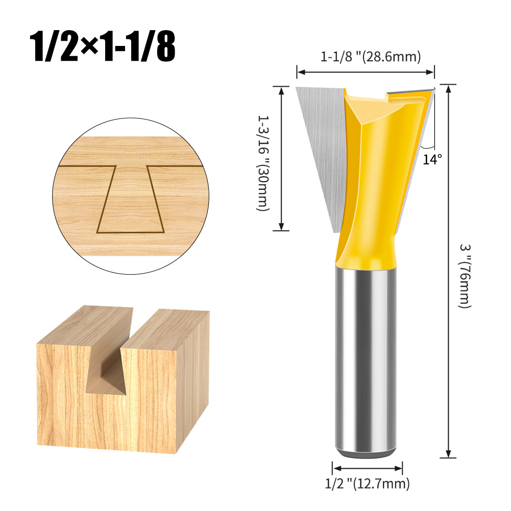 Dovetail Slot Bit - 1/4" & 1/2" Shank - Woodworking Router Bit for Dovetail Joints, Trim, and Edge Profiling - Teflon Coated