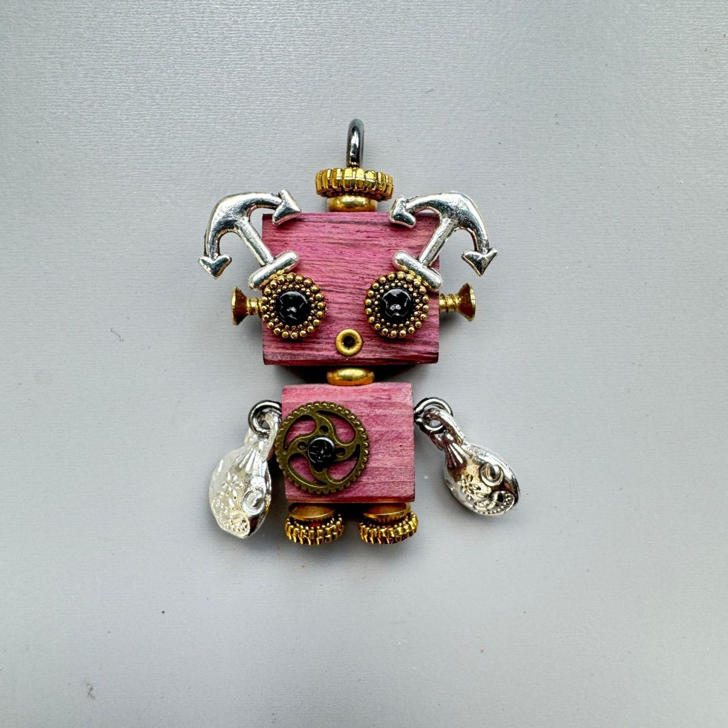 Handmade Mini Wooden Punk Robot Charm - Small Keychain, Phone Strap & Necklace Pendant for Men and Women