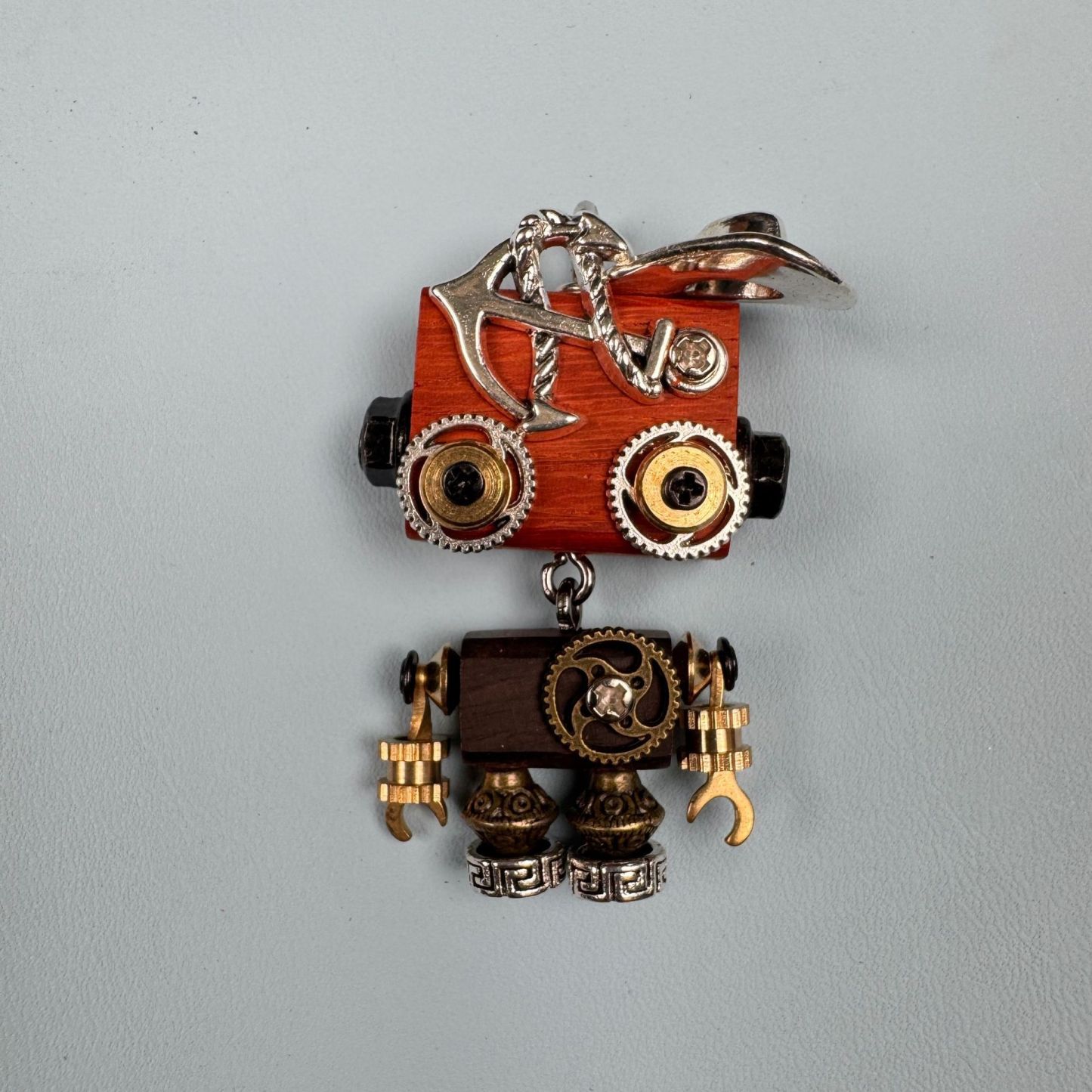 Steampunk Robot Pendant - Handcrafted Wooden Keychain, Necklace Charm & Phone Chain Accessory for Men and Women
