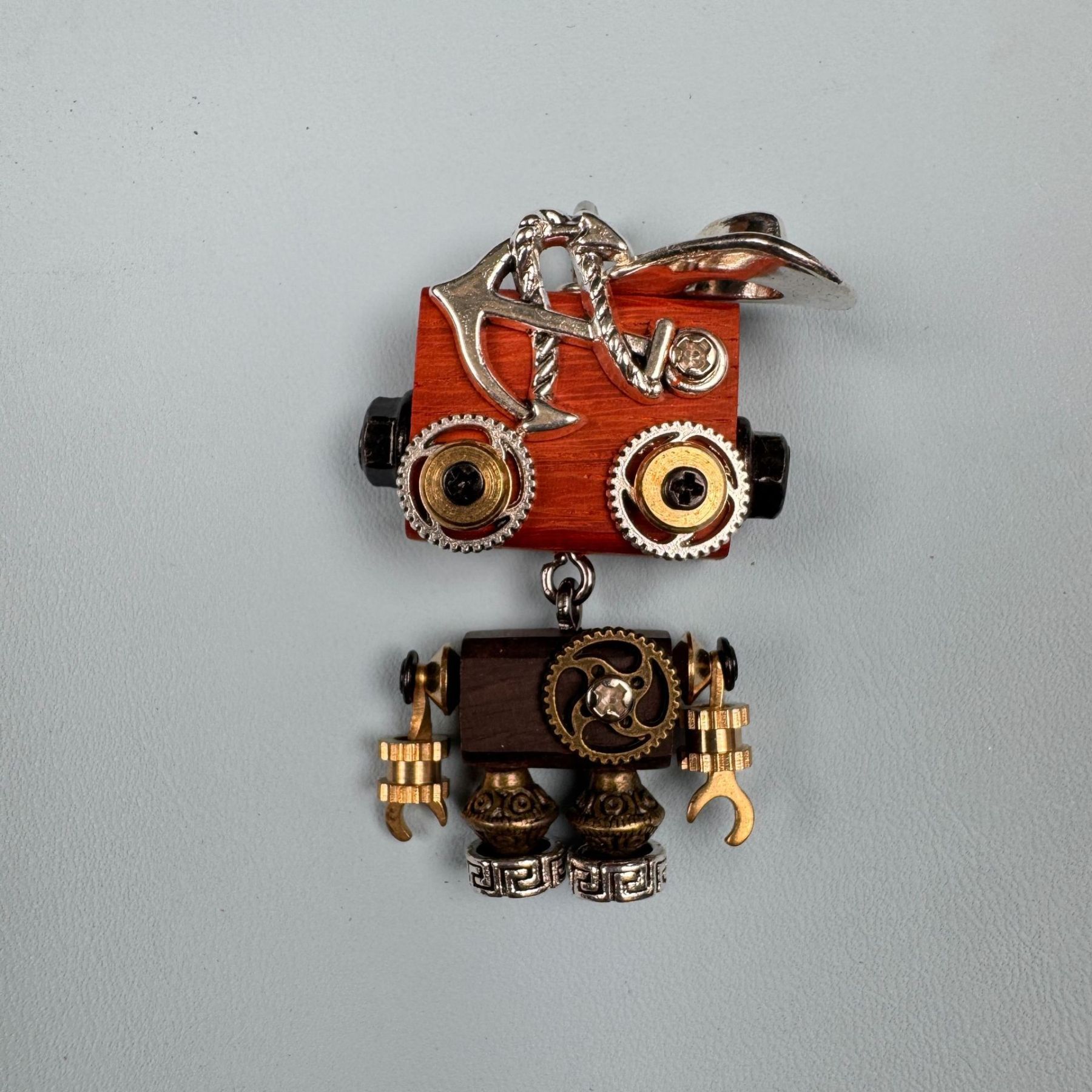 Steampunk Robot Pendant - Handcrafted Wooden Keychain, Necklace Charm & Phone Chain Accessory for Men and Women