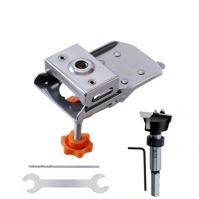 Stainless Steel Hinge Drilling Jig – Adjustable Edge Distance, Quick-Clamp Design for 35mm Hinge Boring on Cabinet & Wardrobe Doors
