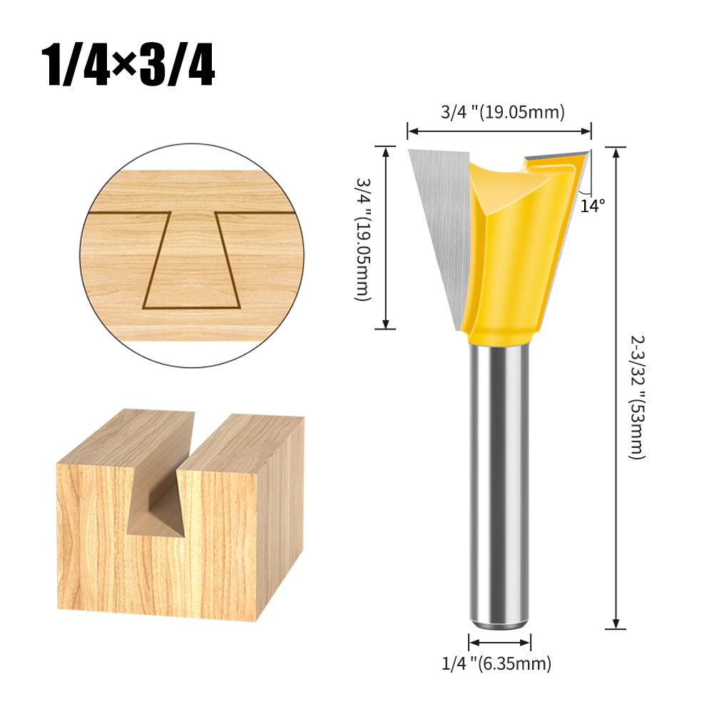 Dovetail Slot Bit - 1/4" & 1/2" Shank - Woodworking Router Bit for Dovetail Joints, Trim, and Edge Profiling - Teflon Coated