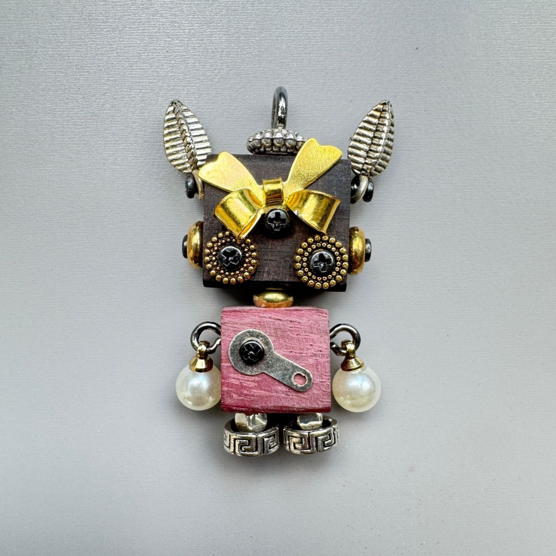 Handmade Mini Wooden Punk Robot Charm - Small Keychain, Phone Strap & Necklace Pendant for Men and Women