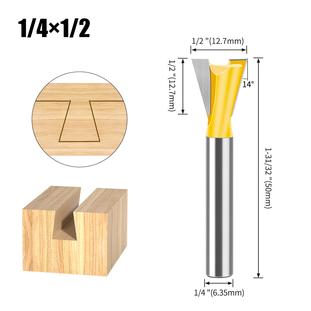 Dovetail Slot Bit - 1/4" & 1/2" Shank - Woodworking Router Bit for Dovetail Joints, Trim, and Edge Profiling - Teflon Coated