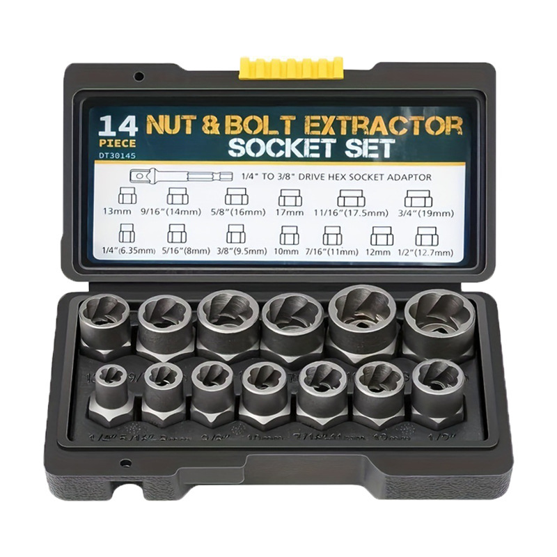 14-Piece Reverse Flute Nut Remover Socket Set | CR-MO Steel Forged | For Removing Rusted, Damaged, Stripped & Painted Nuts | 3/8" Standard Drive | Electric & Manual Use