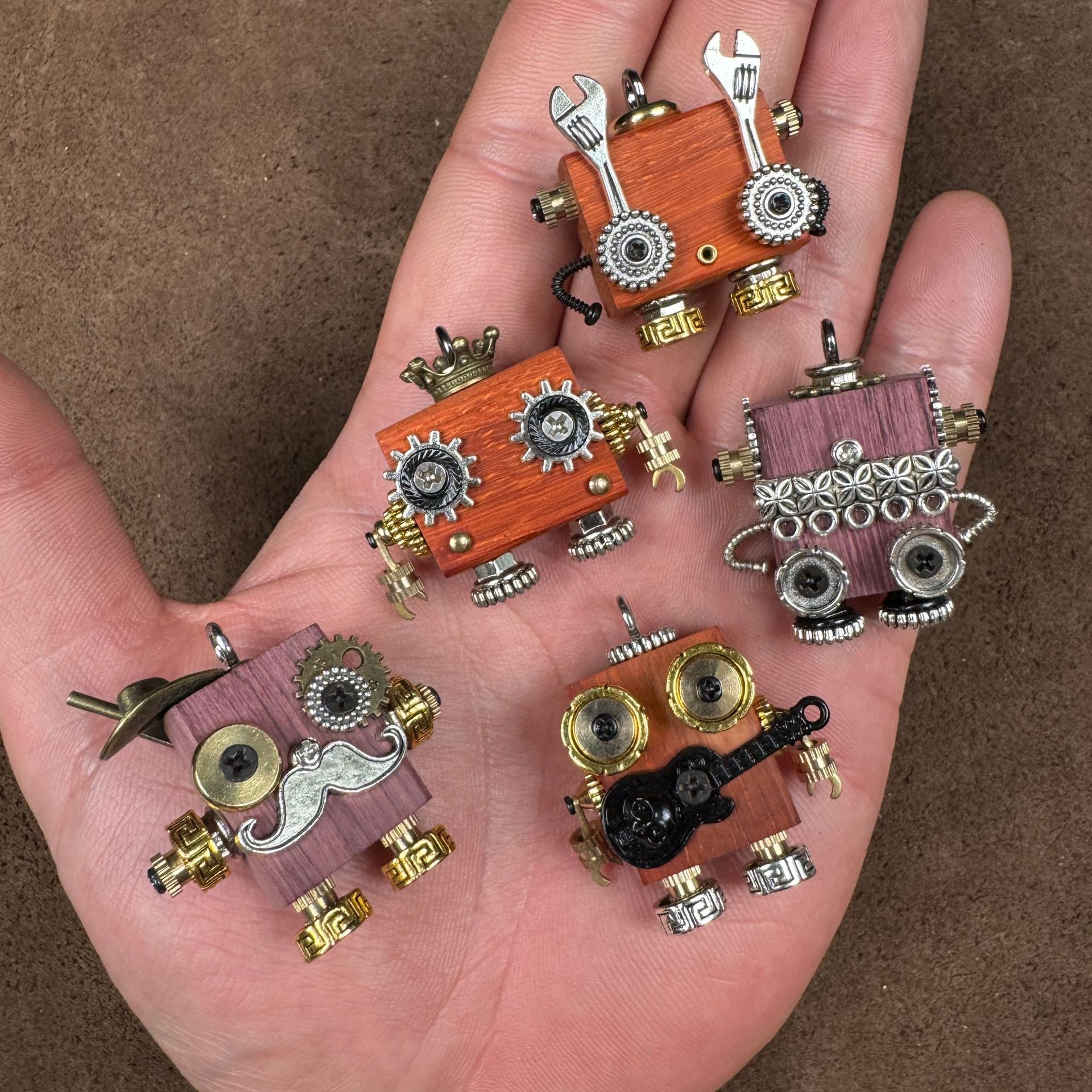 Original Handmade Punk Robot Pendant - Artisan Wooden Keychain & Phone Charm, Unique Unisex Necklace Accessory