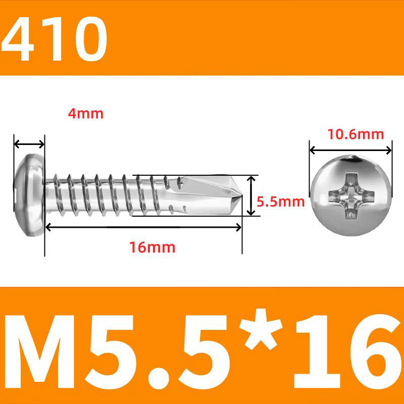 410 Stainless Steel Cross Round Head Self-Drilling Screws (Self-Tapping & Self-Drilling Teardrop Thread Screws) – Fully Hardened Fasteners, Full Specifications from M2.9 to M6.3