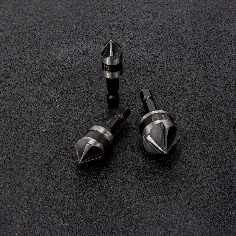 5-Flute 90° Countersink Drill Bit Set - High Carbon Steel Hex/Round Shank Wood Chamfer Tool (12/16/19mm) 3-Piece Kit