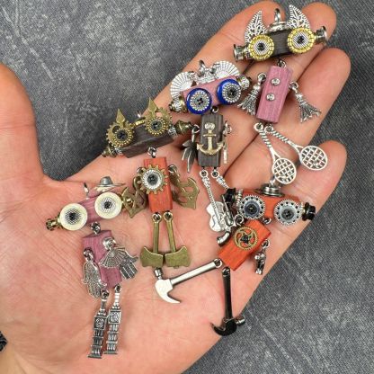 Steampunk Robot Wearable Art - Adjustable Handmade Wood Pendant for Custom Necklace & Tech Strap, Unisex Gift