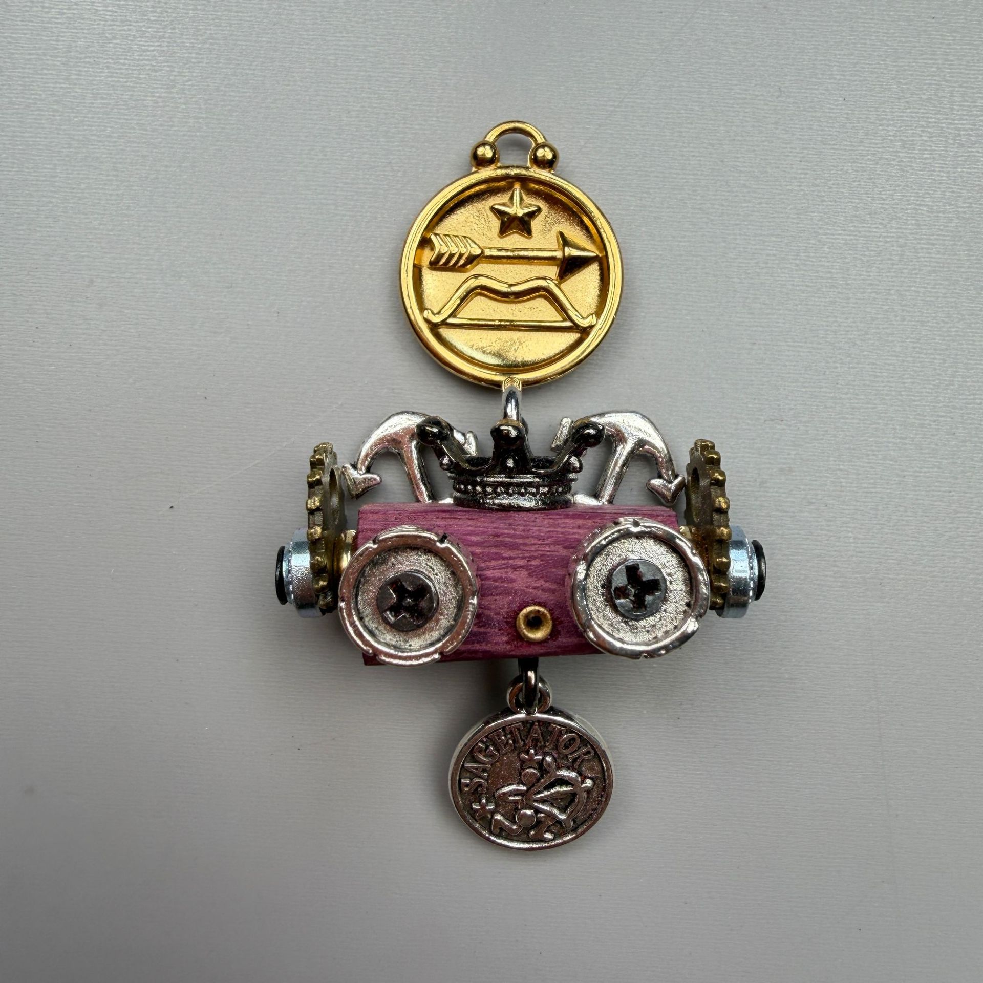 Zodiac Steampunk Robot Pendant - 12 Signs Handmade Wooden Charm for Necklace & Keychain, Unique Astrology Accessory