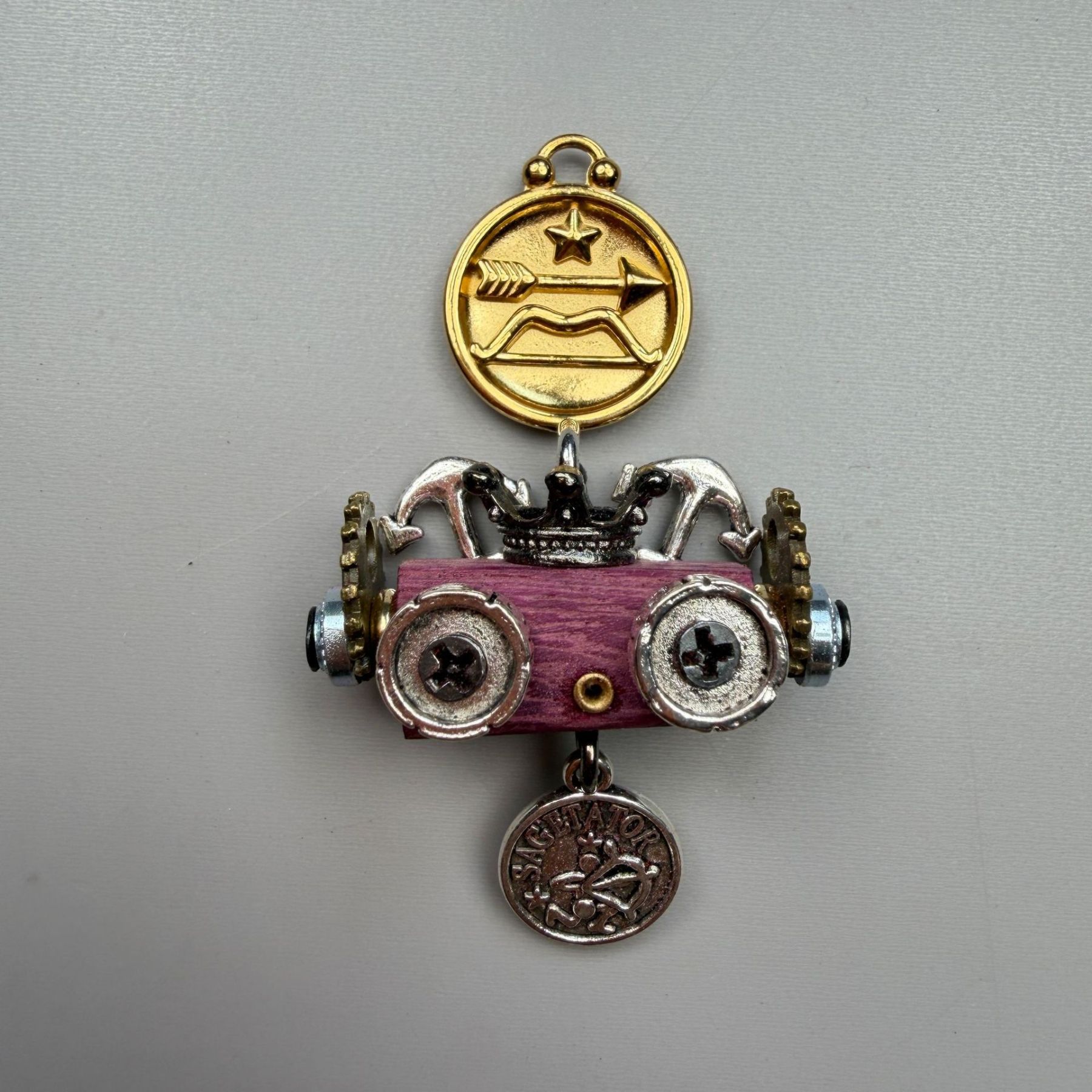 Zodiac Steampunk Robot Pendant - 12 Signs Handmade Wooden Charm for Necklace & Keychain, Unique Astrology Accessory